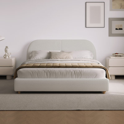 Boucle Upholstered Bed Frame With Tall Curved Headboard And Under-Bed Storage Drawers