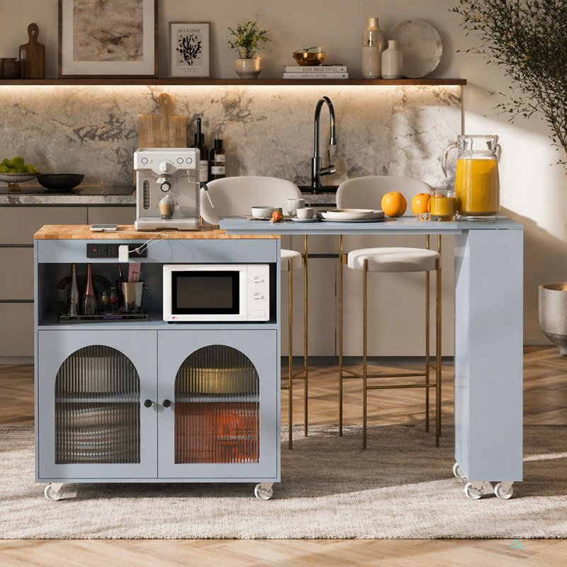 Rolling Kitchen Island With Extended Table, Kitchen Island on Wheels with LED Lights,Power Outlets and 2 Fluted Glass Doors, Kitchen Island with a Storage Compartment and Side 3 Open Shelves