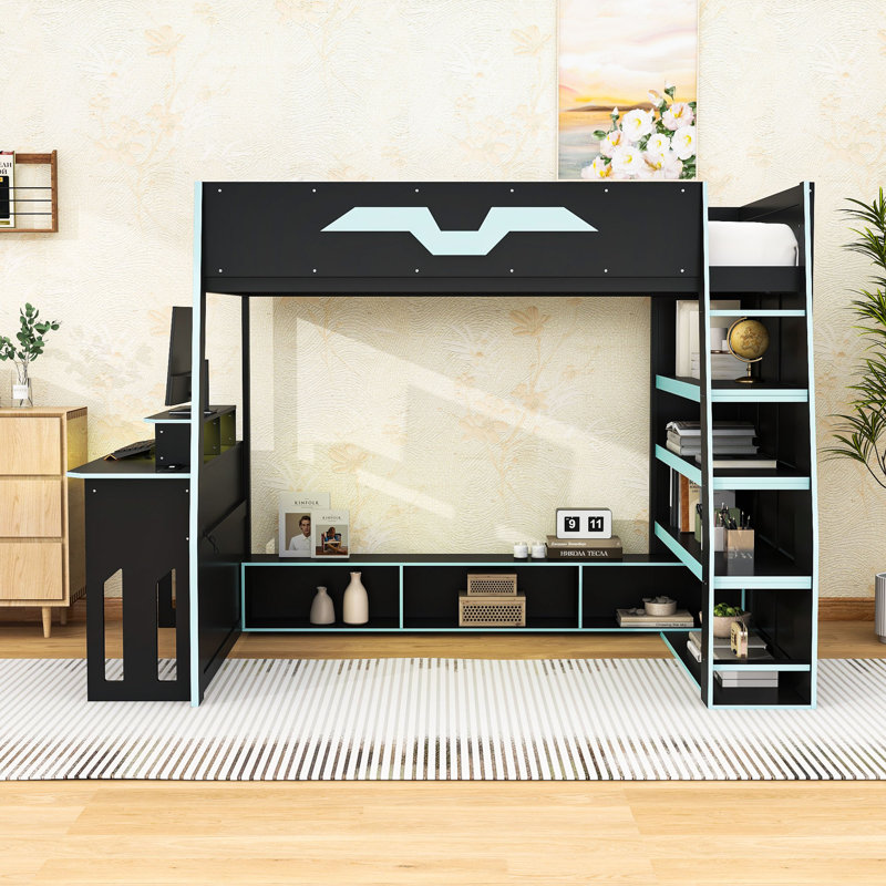 Full Size Loft Bed with Integrated Desk and RGB Lighting,Ladder, Cloud Blue