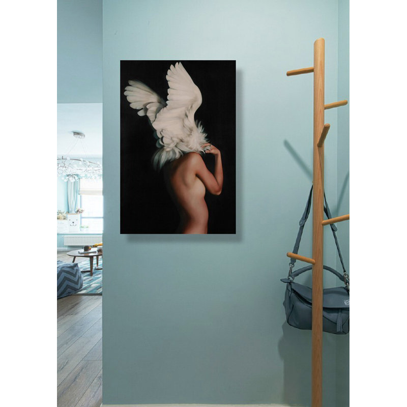 Dame nue avec une aile en plumes, H 16 po x l 12 po x P 1,5 po
