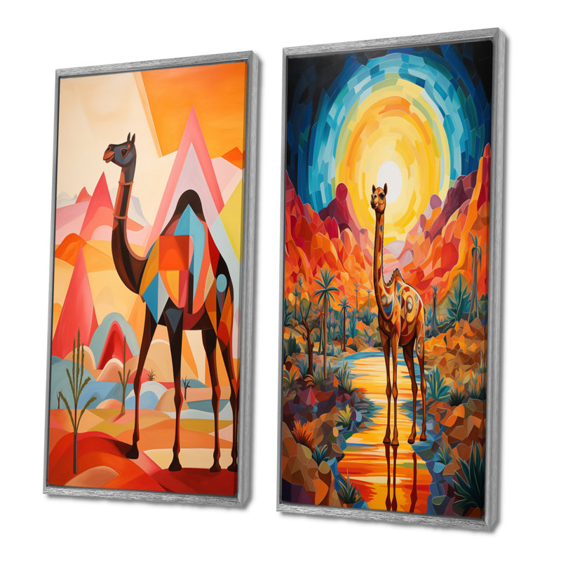 Chameau dans un paysage de désert du Sahara coloré I - ensemble d'art mural animal de chameau 2 pièces, H 40 po x l 40 po