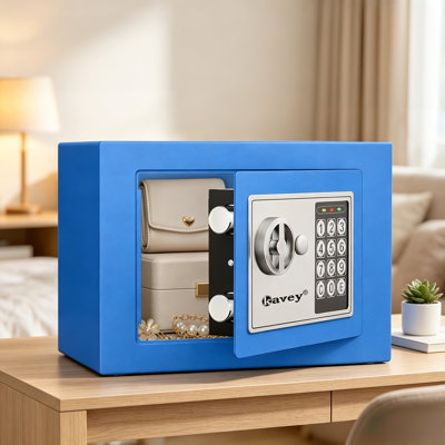 Electronic Safe Box with Key and Digital Keypad, Blue Security Lock Box, Small Home Safe 0.25 Cu Ft, Heavy Duty Solid Steel, Wall or Floor Mounted, for Money Jewelry Documents