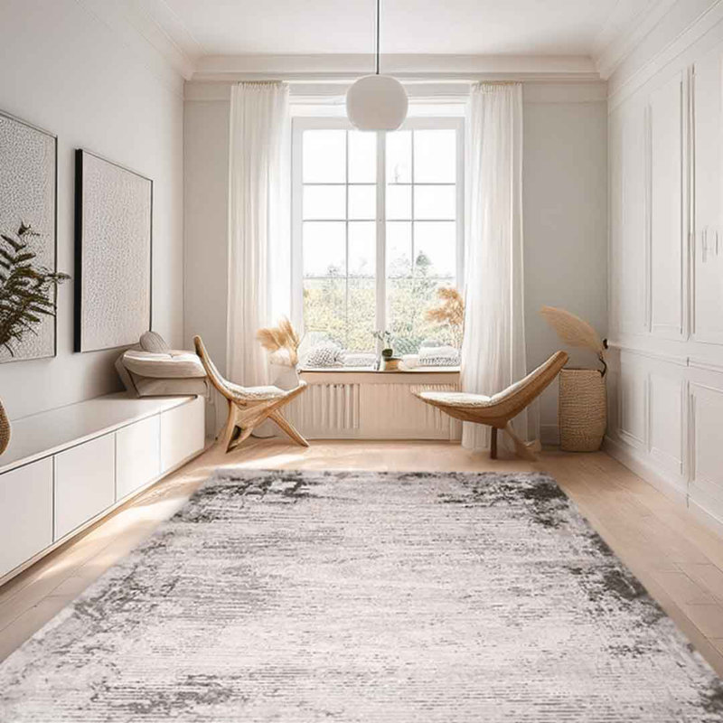 Lorenz Faded Linear Grey & Cream Modern Area Rug Soft Polyester Pile with Cotton Blend Backing Style Carpet