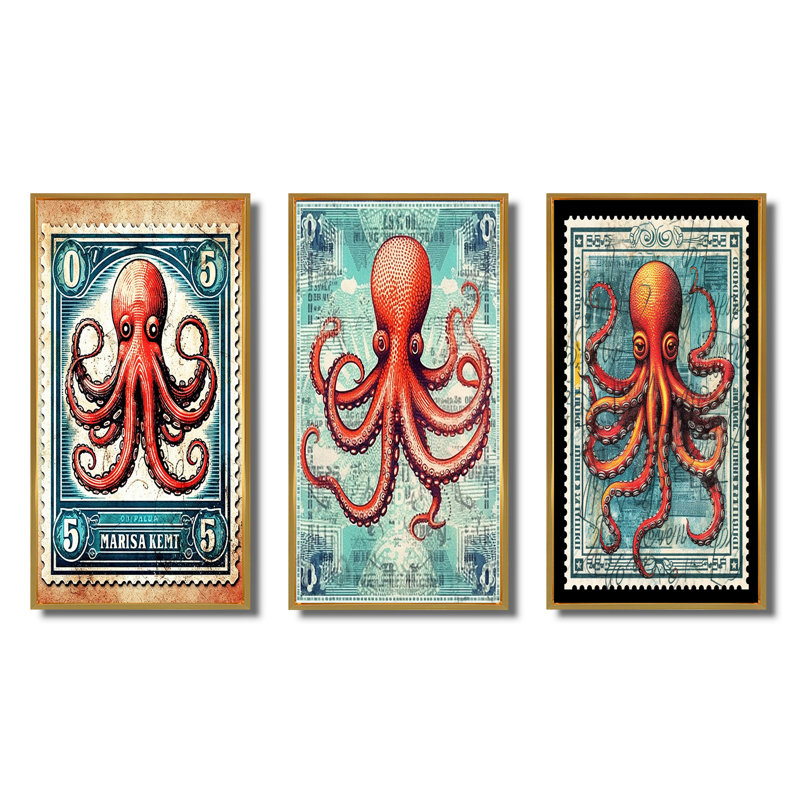 «Retro Stamp Portrait Of Red Octopus», 3 pièces sur toile, Cadre flottant doré, H 28 po x l 36 po