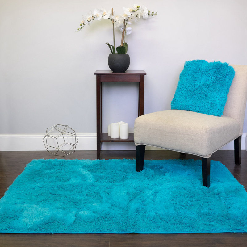 Hutton Plush Faux Fur Shag Solid Rectangle Floor Area Rug 4'x5' - Turquoise