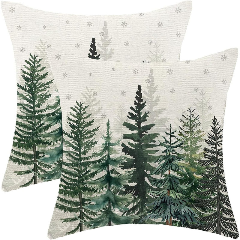 Ensemble de 2 housses de coussin décoratives de Noël 18 x 18 pouces, ensemble de 2 flocons de neige en forme d'arbre de Noël vert Housse de coussin décoration de Noël Housse de coussin en lin pour l'hiver