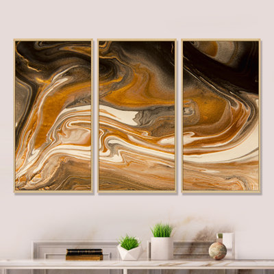 Nature Marble in Earth Tonesth Brown Color Stains - 3 Piece Floater Frame Print on Canvas