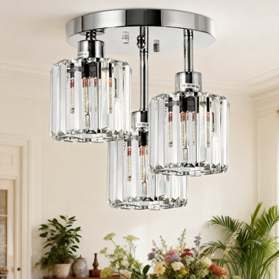 Plafonniers modernes en cristal, plafonnier semi-encastré 3 lumières avec abat-jour en cristal transparent
