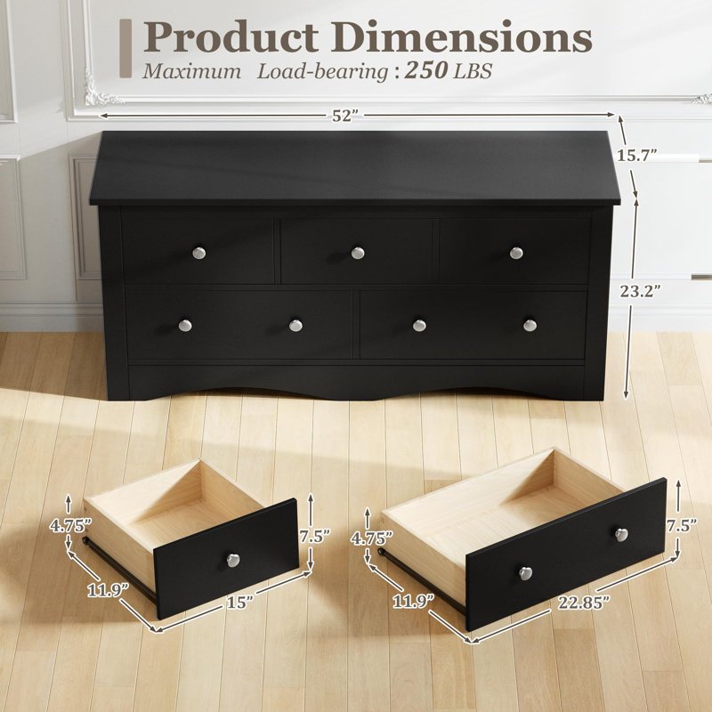 Commode double 5 tiroirs l 52 po, rétro moderne avec grande capacité, Noir
