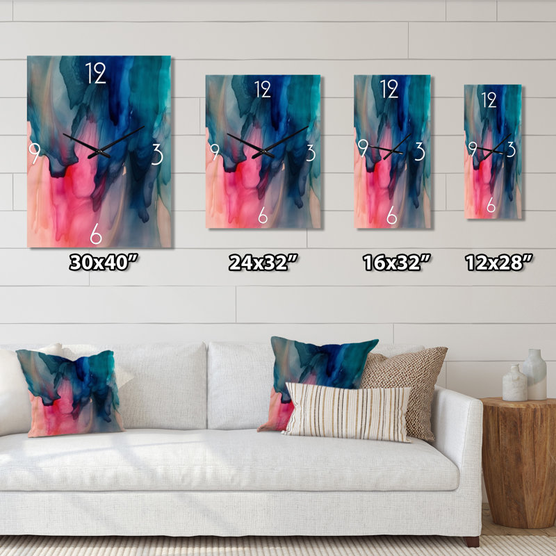 Horloge murale abstraite bleue et rose, H 32 po x l 16 po x P 1 po