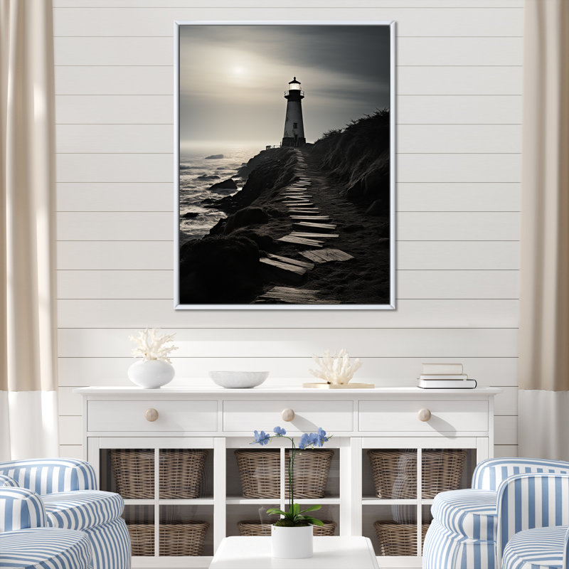 Phares de l'imitation du paysage II - reproduction sur toile, Cadre flottant blanc, H 40 po x l 30 po x P 1,5 po