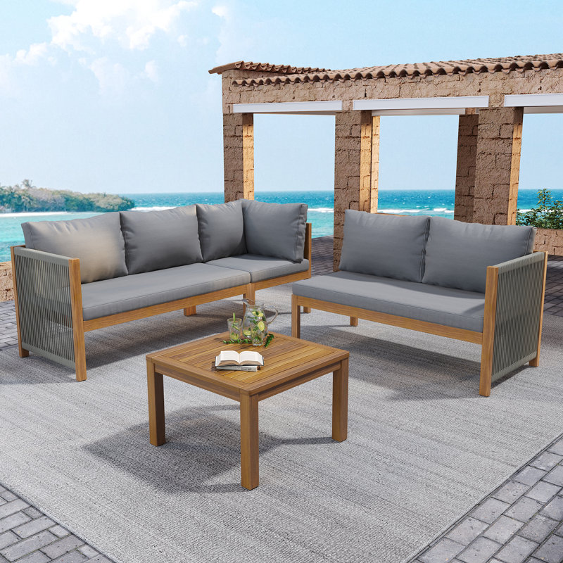 5 - Person Acacia Wood Corner Sofa Set & Coffee Table, Grey