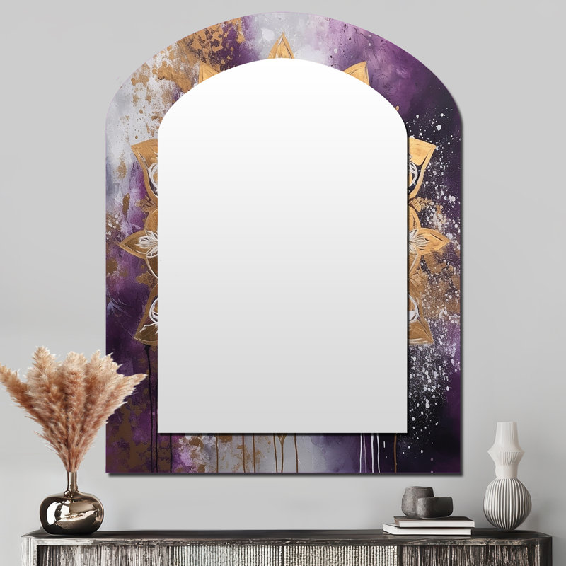 Purple And Gold Mandala II - Boho Mandala Asymmetrical Decorative Mirror, Traditional Arch Wall Mirror, Printed Metal Art