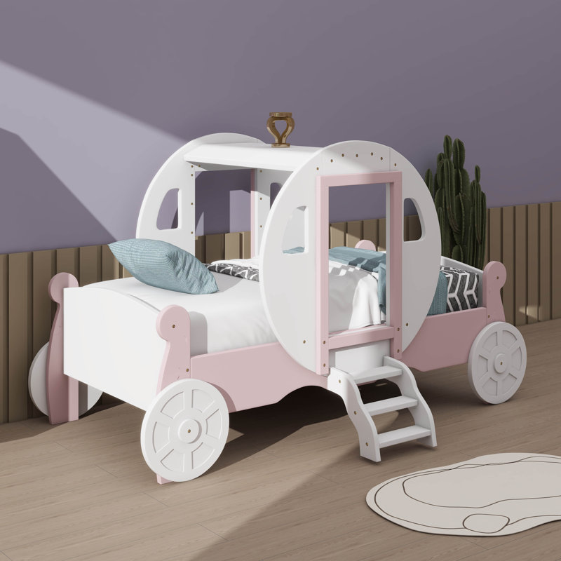 Lit de transport de princesse simple avec couronne, lit de voiture plateforme en bois avec marches, Blanc / rose