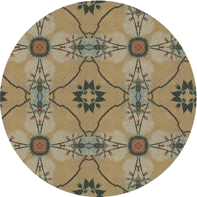 Tapis beige/vert/vert/brun à motifs Deuxville, Rond 6 pi