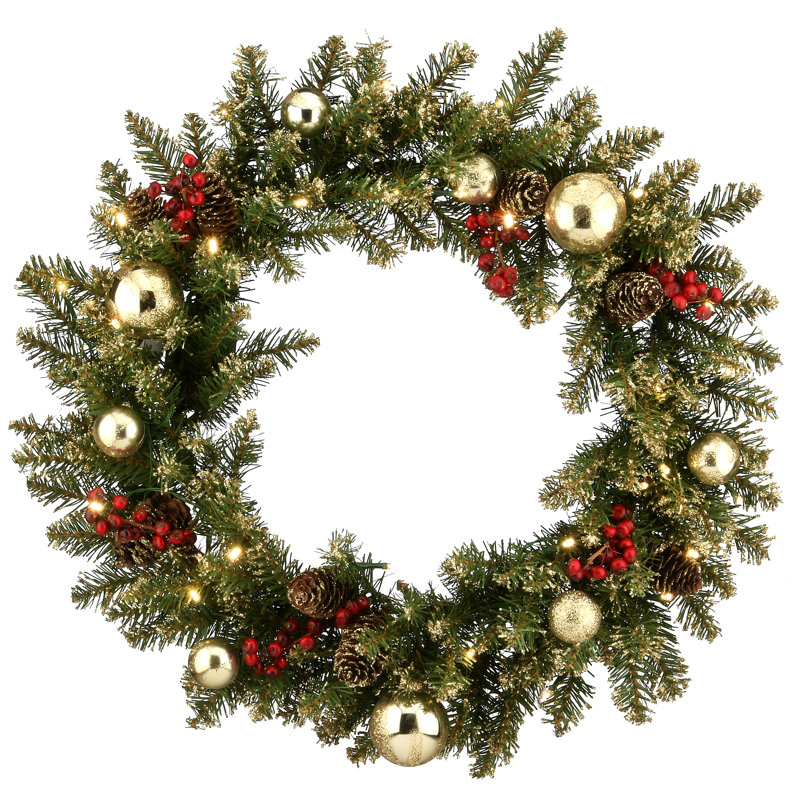 The Holiday Aisle® 24 in. Glittery Gold Dunhill Fir Wreath with Battery Operated LED Lights