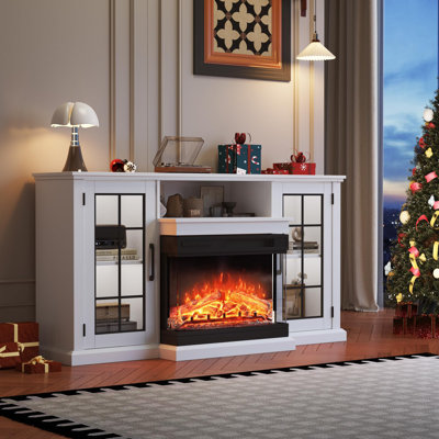 Meuble télé 59 po avec foyer électrique encastré 24 po, vision en verre à 3 côtés, éclairage DEL avec 12 couleurs de flamme, console de rangement pour téléviseur de 65 po ou moins, blanc - couleur: blanc