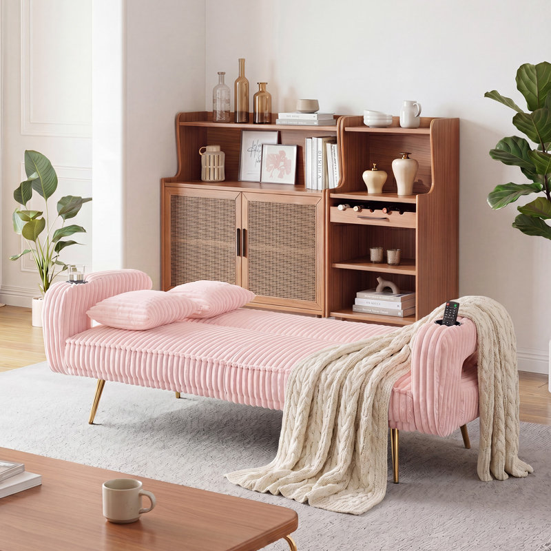 72'' Corduroy Convertible Folding Sofa Bed with Foldable Cup Holder & Throw Pillow, Pink