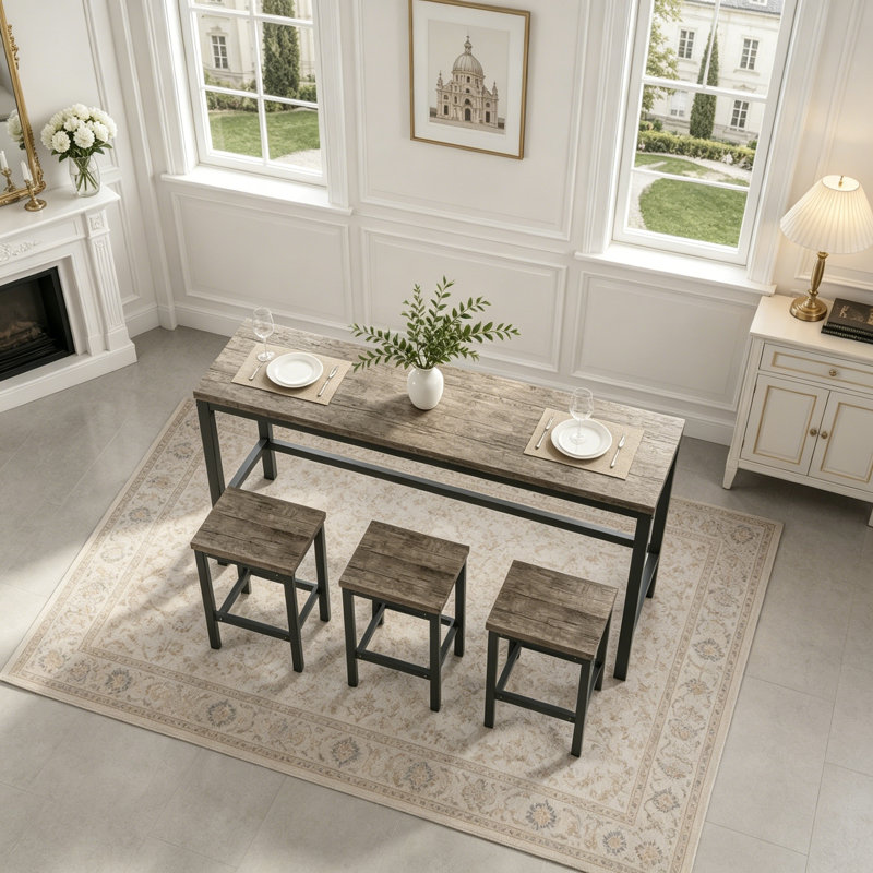 Ensemble de table de salle à manger longue avec 3 tabourets, Gris brun
