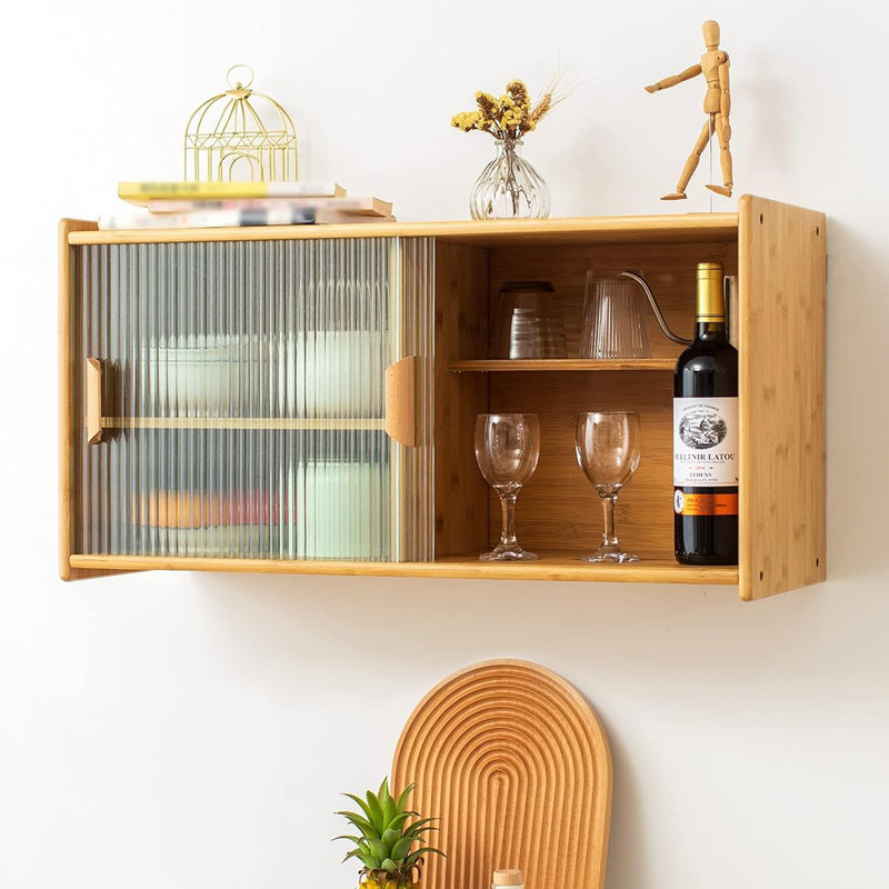 Petite armoire murale en bambou avec 2 portes et tablettes réglables, buffet de garde-manger pour la cuisine, le café-bar et le rangement de la salle à manger (Burlywood)