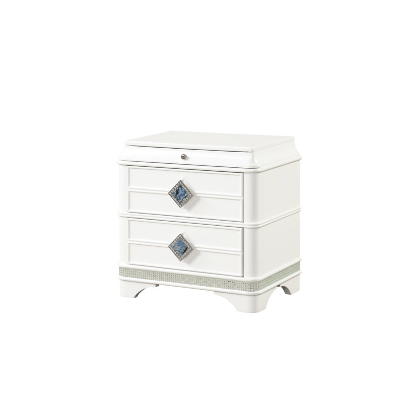 Modern Style 2 Nightstand In White With Drawers, Blue Marble Handles And Hidden Jewellery Space For Bedroom Style, 2, Nightstand, White, Handles, Space, Setup