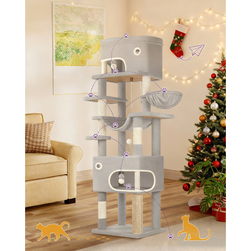 Arbre à chat 79,9 pouces pour chats d'intérieur, poteau à griffes multicouches avec grande plateforme, 2 grottes, 7 poteaux en sisal, pompons, panier à chat, hamac, convient aux chats, gris clair