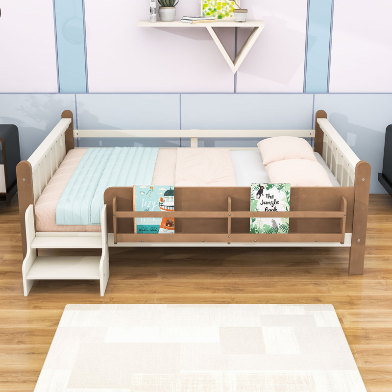 Wood Floor Bed with Storage Bookcases and Guardrails, Beige, Full