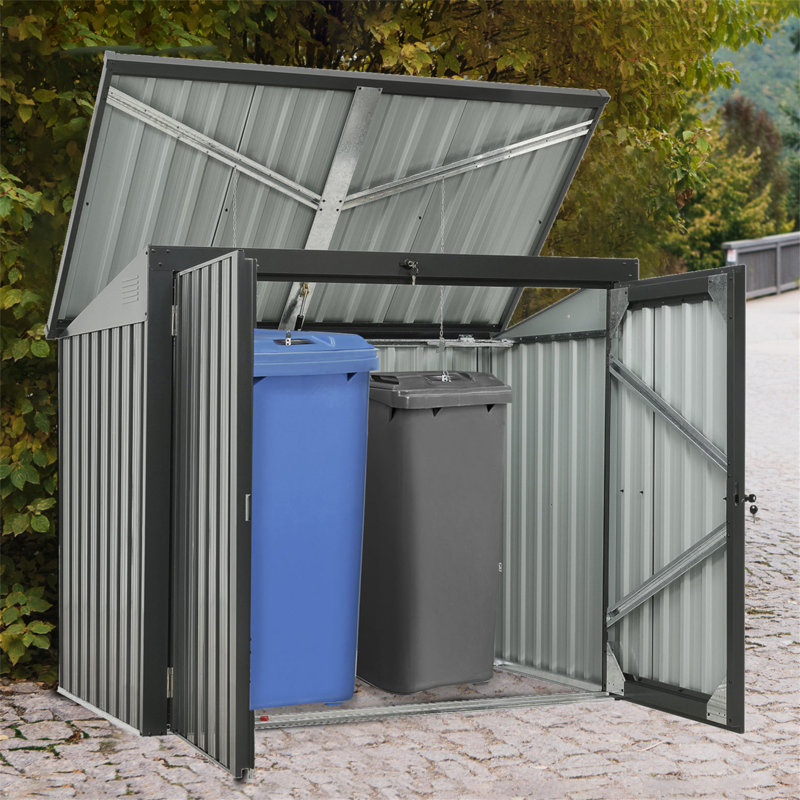 La poubelle contient 2 poubelles en métal pour le rangement des ordures, en acier inoxydable galvanisé, une remise pour la cour de jardin