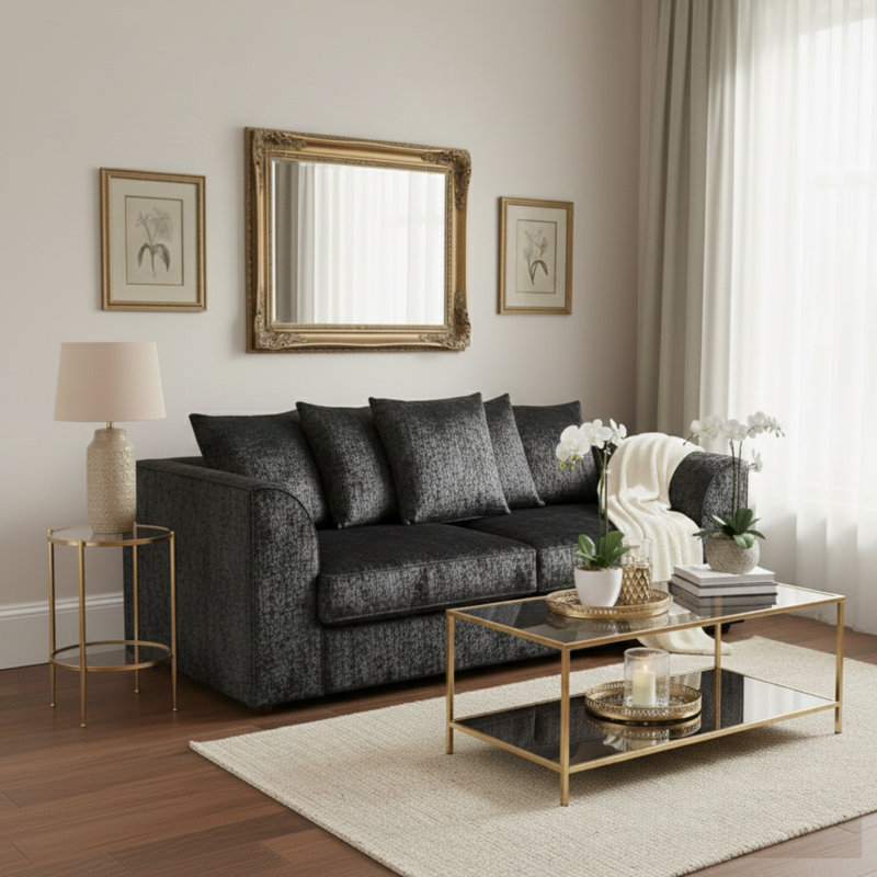 100% Crushed Velvet 3 Seater Sofa, Black