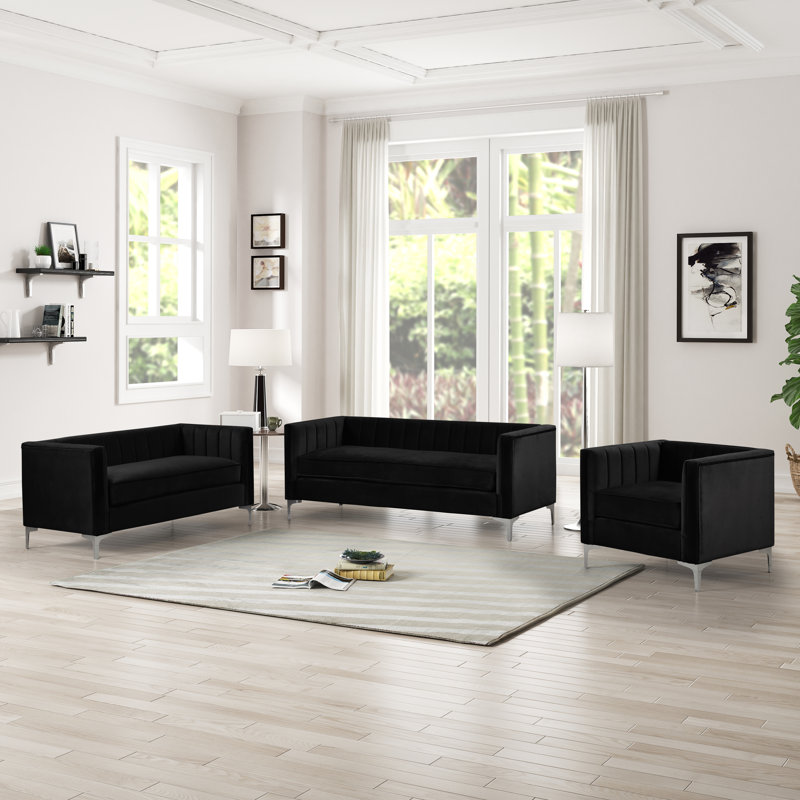 Ensemble de salon en velours Louis, 3 pièces 1 canapé 1 causeuse 1 fauteuil, Noir