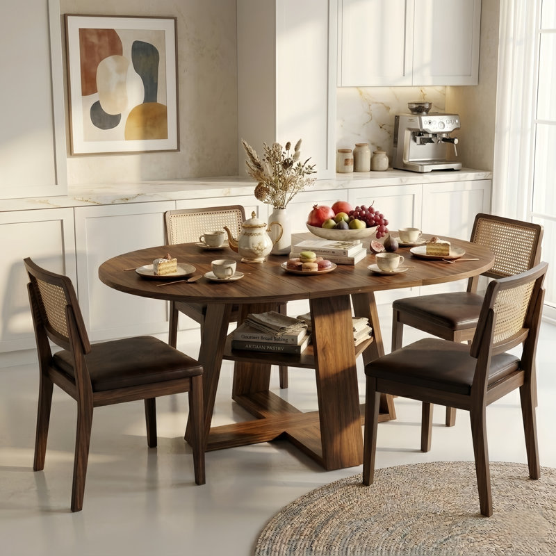 Table de salle à manger extensible Modern 43 "à 59", guéridon rond à ovale avec rallonge papillon intégrée et base de rangement, 4 à 6 places, noyer