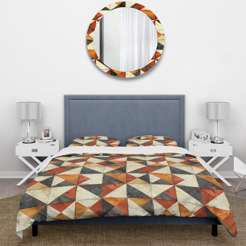 Ensemble de housse de couette Mid-Century à imprimé géométrique brun I, Housse de couette très grand + 2 taies décorativ
