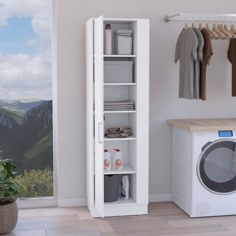 Armoire de rangement Lilo, crochets à balai, tablettes intérieures - blanc