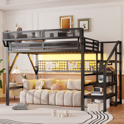 Queen Size Metal Loft Bed with Stairs, Light & Storage, Wardrobe, High Loft Bed, Black