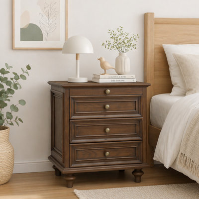 Farmhouse Nightstand, 4-Drawer Wood Storage End Table with Hidden Pull-Out Shelf, Walnut Brown Large Side Table with Solid Wood Feet