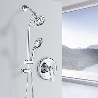 Drill-Free Stainless Steel Slide Bar Combo Rain Showerhead 7-Setting Hand, Dual Shower Head Spa System (Rough-In Valve Included)