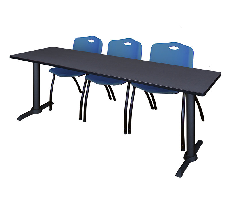 Cain T-Base Training Seminar Table & 3 M Stack Chairs, Grey, Burgundy