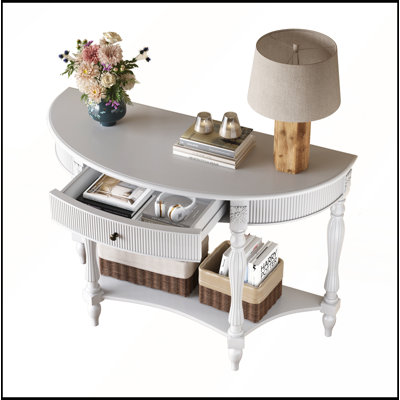 Console demi-lune en bois massif avec tiroir et tablette, table d'entrée incurvée et cannelée, pieds sculptés de style colonne romaine