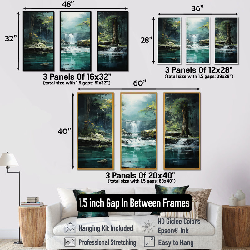 Ensemble de décorations murales Waterfall Cliff Scenery III - Waterfall, H 40 po x l 60 po x P 1 po, Cadre naturel flottant