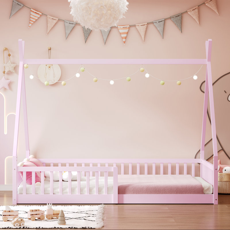Lit simple en bois avec clôture, rose, Rose