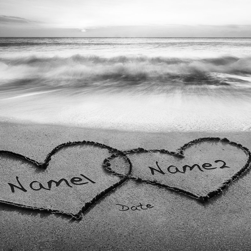 Art mural personnalisé sur toile avec cœurs de plage et noms personnalisés - impression romantique océan, cadeau de mariage ou d'anniversaire