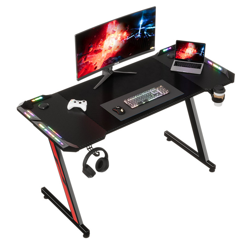 Black Gaming Desk LED Light Computer With Headphone Hook and Cup Holder Home Office Desk, 74.5 cm H x 140 cm W x 60 cm D