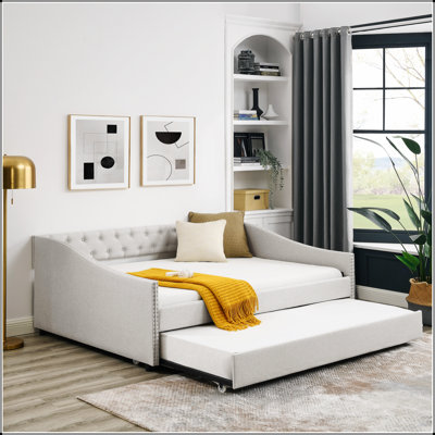 Mid-Century Inspired Tufted Daybed With Trundle And Copper Nailhead Trim, Perfect For Comfort And Style In Any Living Space.
