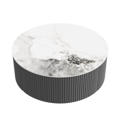 Modern Round Movable Coffee Table with Casters, 2 Drawers, Marble Pattern Sintered Stone Top,29.5"