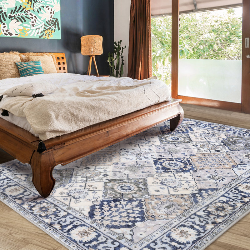 9'x12' Vintage Distressed Pattern Washable Area Rug. Non-Slip Low Pile Pearl Velvet Carpet for Living Room. Ivory Blue, Blue