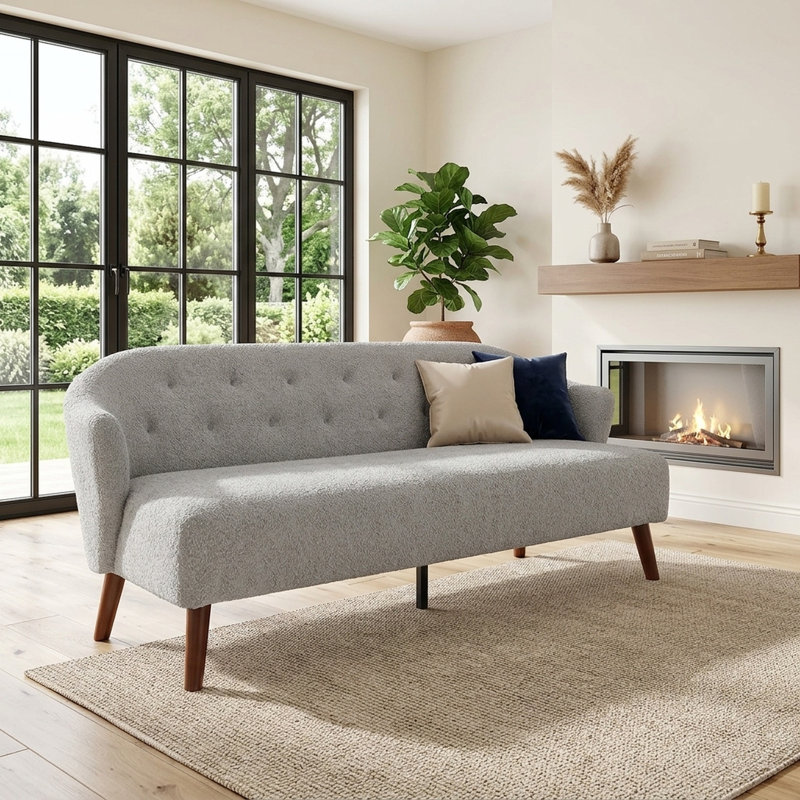 Canapé 74 places Mid-Century moderne 74 po avec dossier capitonné et revêtement gris pâle moelleux
