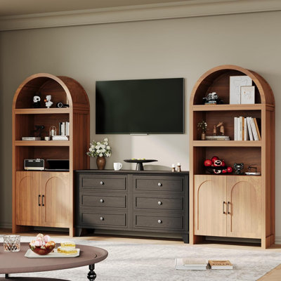Arched Bookcase 71 Inch Mid Century Book Shelf with 3 Open Display Shelves, Display Case Storage Cabinet, Wooden 5 Tier Book Case for Home and Office, Brown