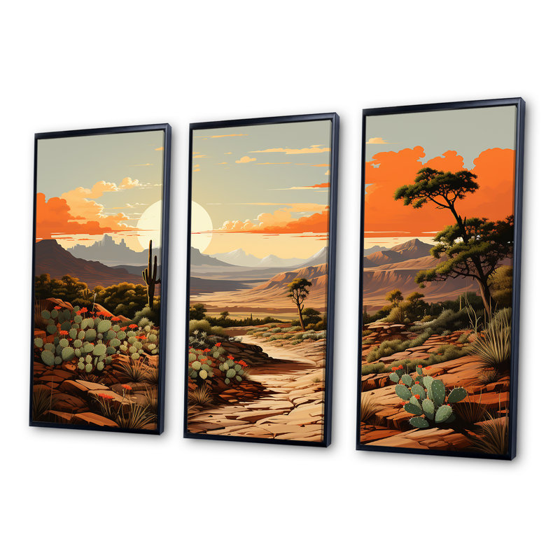 Cactus charme dans un paysage de montagne - ensemble d'art sur toile floral cactus, Cadre flottant noir
