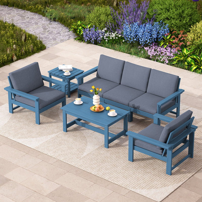 Reata HDPE 7 Piece Sofa Seating Group with Cushions, Blue, Gray