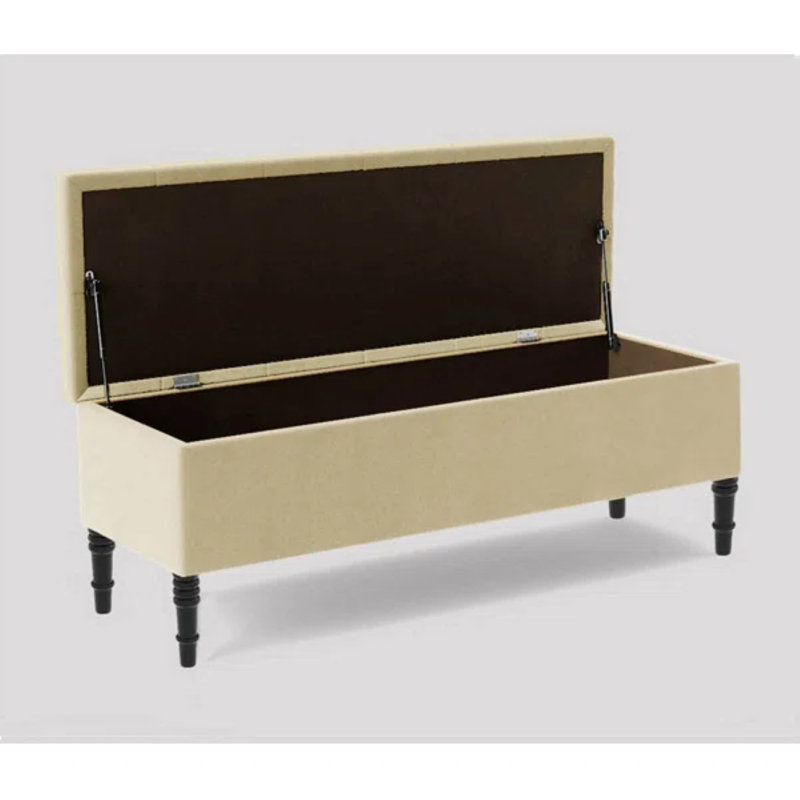 Swiss Chesterfield Ottoman Storage Bench - Upholstered Plush Velvet Shoes Bench with Black Turned Wooden Legs, Cream Plush